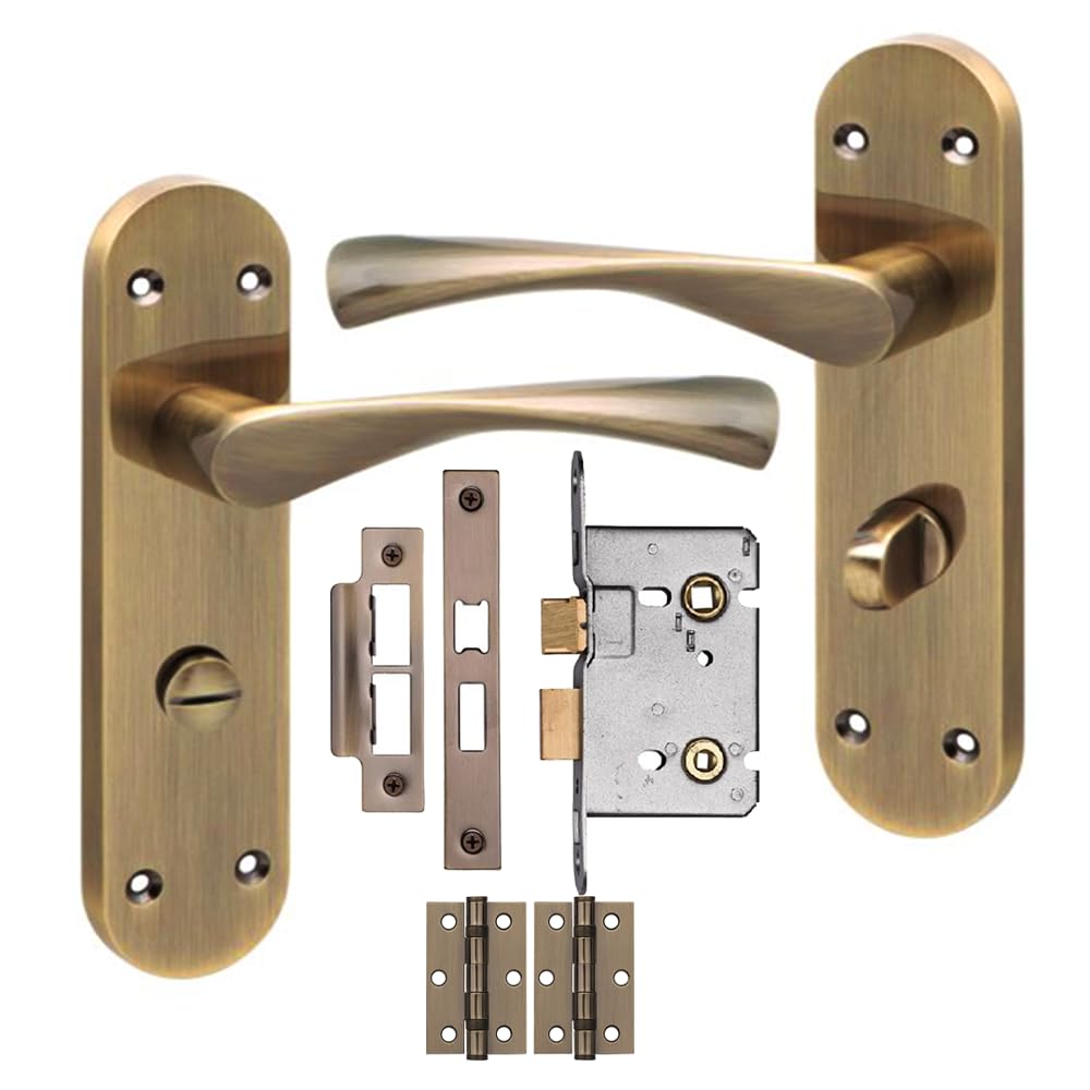 Golden Grace Antique Brass Victorian Long Plate Astrid Design Scroll Bathroom Door Handles Bathroom Mortise Lock Hinges Finish 182Mm Long