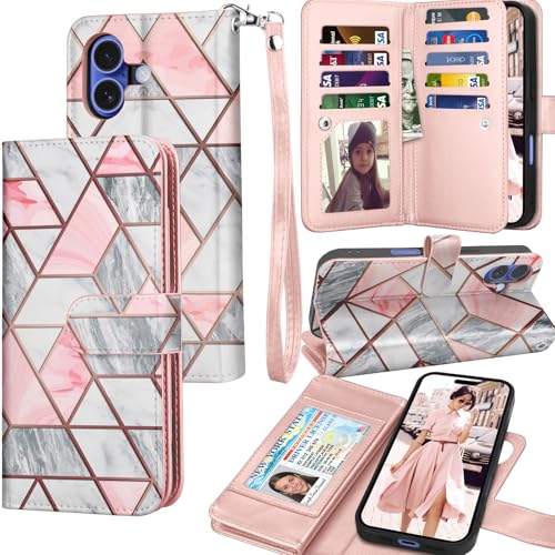Tekcoo Wallet Case Compatible with iPhone 17 (6.3 inch) 2025 Luxury ID Cash Credit Card Slots Holder Carrying Pouch Folio Flip PU Leather Cover [Detachable Magnetic Hard Case] with Strap [Marble]
