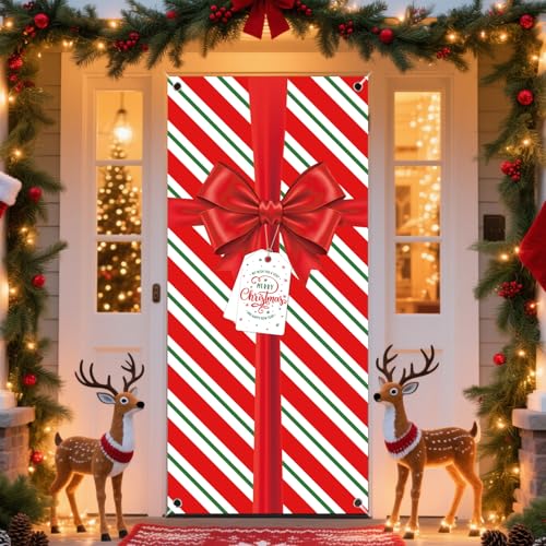 Christmas Door Cover, 79x35Inch Merry Bowknot Christmas Door Decorations Red Bowknot Front Door Banner Backdrop Outdoor Sign for Xmas Home Office Wall Doors Party Decorations