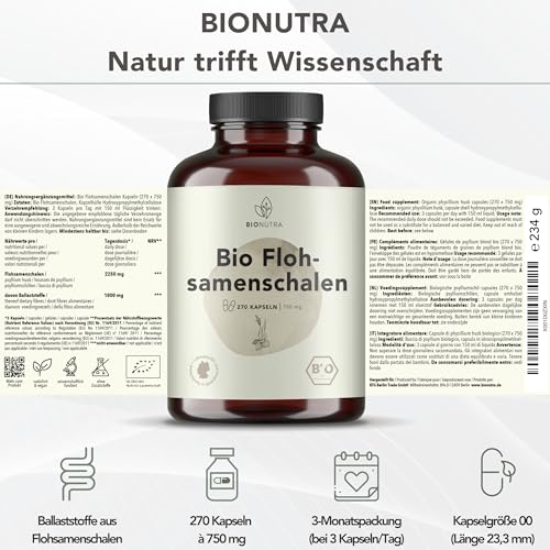 Foto von BIONUTRA Bio Flohsamenschalen Kapseln, 270 Stk. à 750 mg, hochdosiert