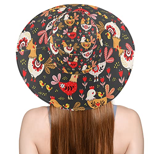 Oyihfvs Rooster Hens Chickens Flowers Colorful On Black Women's Wide Brimmed Sunhats, Sun Beach Hat Water-Resistant Summer Hat Visor Uv Protection Cap For Outdoor #TOP3