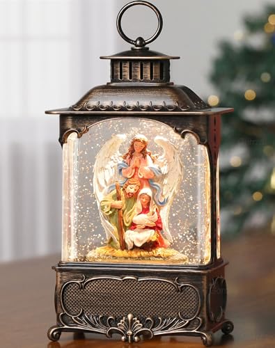 Gorrzai Nativity Snow Globe Angel Christmas Snow Globe Lantern, Lighted Musical Christmas Decorations Indoor for Home with Music 6H Timer Swirling Glitter, Jesus, USB or Battery Operated