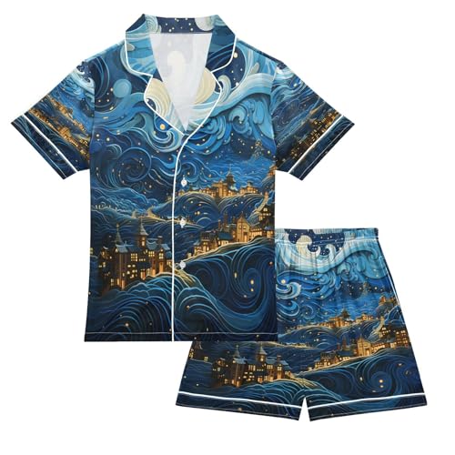 ALAZA Van Gogh Cityscape Satin Pajamas Set Short Sleeve Button Down Sleepwear Summer Pjs 2 Piece