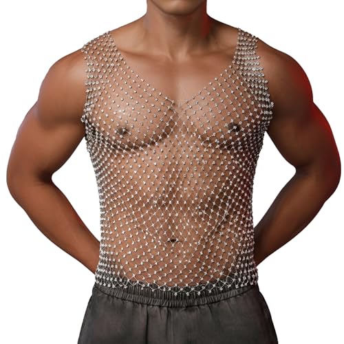 FEOYA Netz Crop Hemd Herren Strass Mesh V-Ausschnitt Crop Top Fischnetz Tank Tops Muskel Transparent Netzhemd Sexy Shirt Rave Sheer Weste for Disco Party Kostüm Streetstyle Silber S