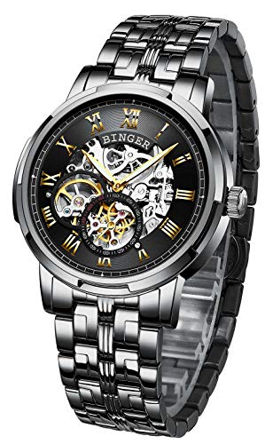 BINGER Skeleton Men's Watch Automatic Mechanical Stainless Steel Case (Steel Band All Black Face)