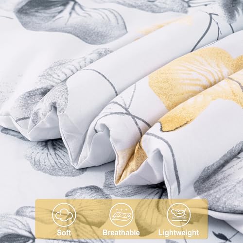 Image of lasoftan Floral Queen Comforter Set with Sheets, 7 Piece Luxury Vintage Bedding, Soft Microfiber Bed in a Bag, Cozy Lightweight Bed Set, Grey Yellow Leaves