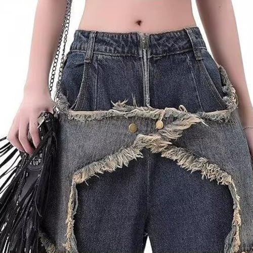 LAFOURAM Petite Jeans for Women 5 FT Short Wide Leg Baggy Goth Star Patchwork Cargo Denim Pants2