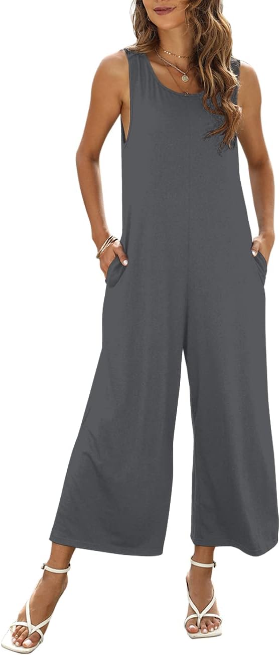 Women's Summer Casual Loose Tank Jumpsuit Sleeveless Crewneck Jumpsuit Romper Outfits with Pockets - Image 2