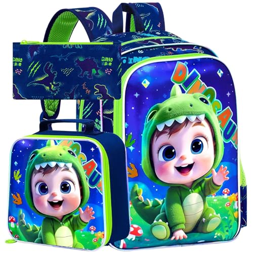 Image of WZLVO 3PCS Dinosaur Bookbag for Boys, 16 inch Cool UV Printing Kids Backpack /School Bag with Lunch Box & Pencil Bag for Preschool to Elementary - Boy Wearing Dinosaur Costume