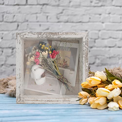 Image of GraduationMall 8x8 Wood Shadow Box Frame Glass Door Display Case with Linen Back and 6 Stick Pins,1.5 inches Interior Depth,Ideal for Memorabilia Pictures Flowers Medals Tickets Rustic White