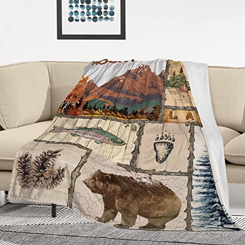 Mtjj Blanket Retro Mountain Lake Bear Fish Throw Blankets,Ultra Soft Flannel Fleece Blanket Cozy Bed Blankets Quilt Decorative Tapestry Chair Blanket Winter Blankets For Men Women Kids(60 In×50 In) #TOP3