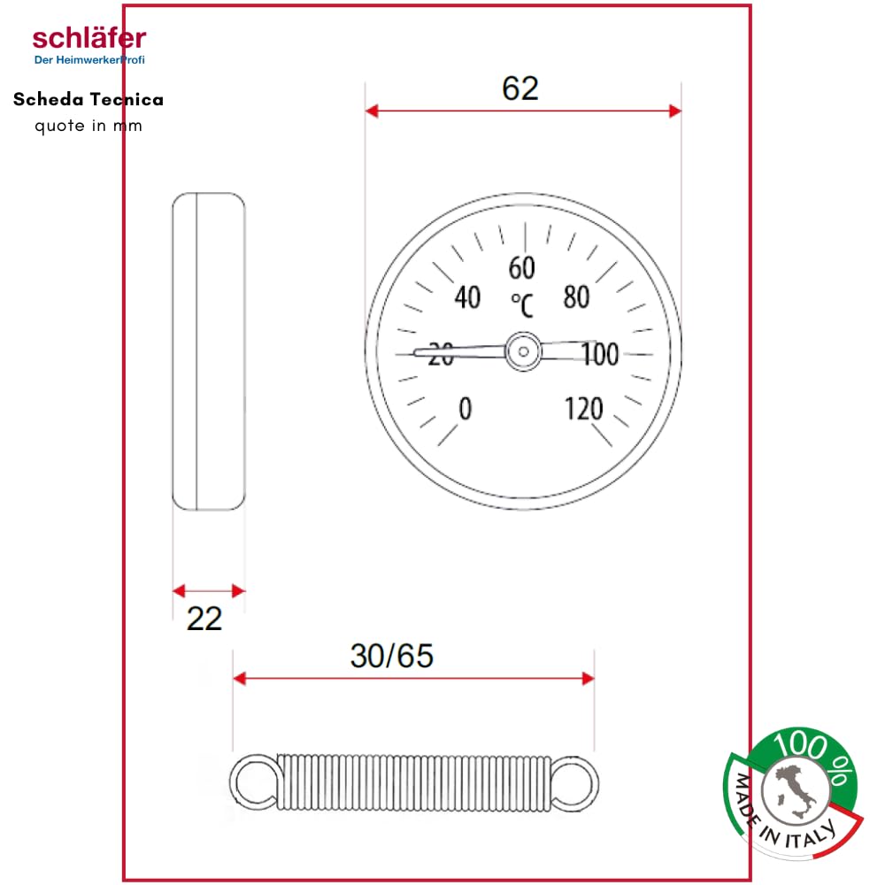 Schläfer 0930171 | Thermomètre à contact bimétallique pour tuyaux avec clip Ressort bimétallique en acier inoxydable, diamètre du boîtier 63 mm échelle 0-120 °C.