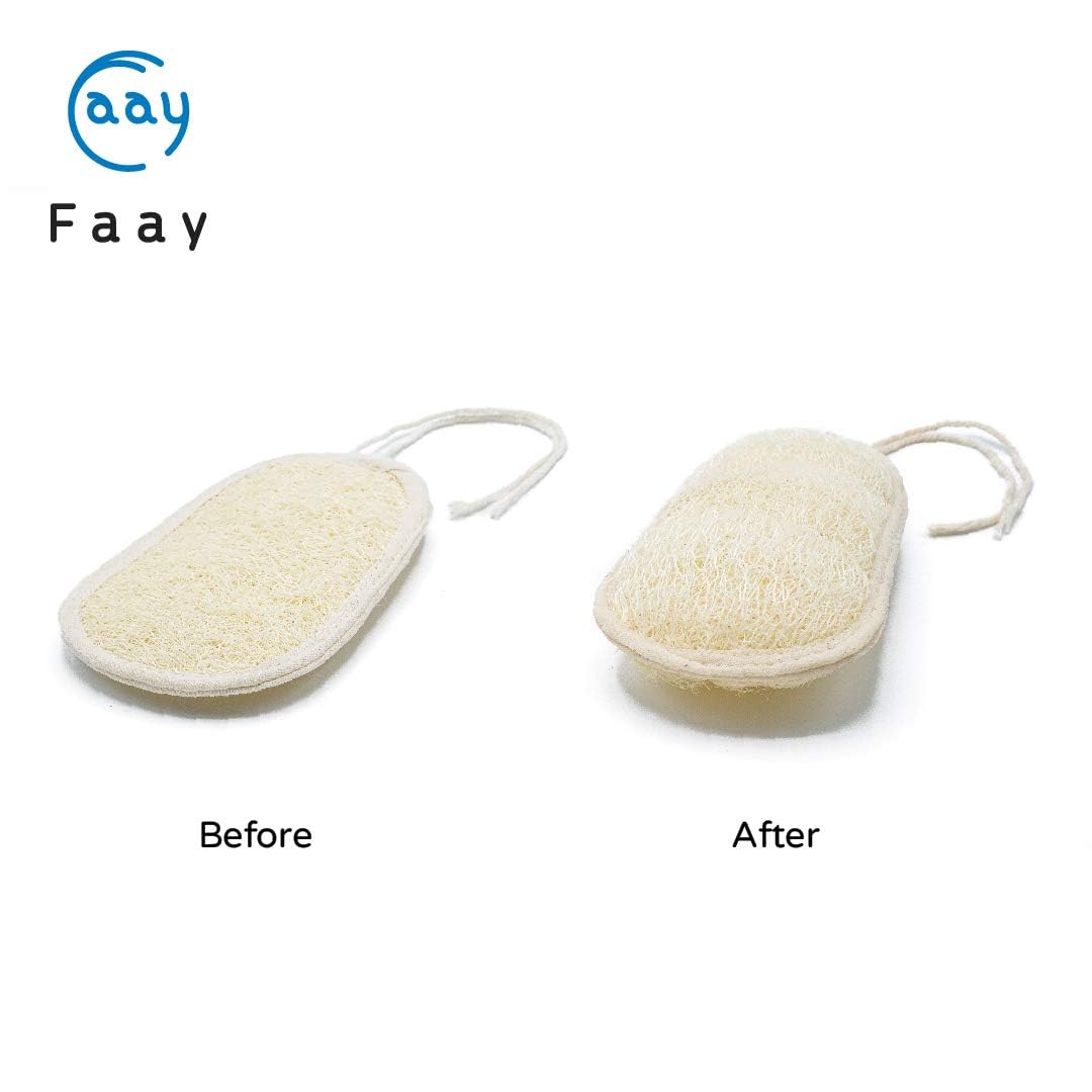 FAAY Depurador de espalda de lufa exfoliante natural de 17 pulgadas en un palo con recambios de almohadillas de esponja Luffa - Cepillo de ducha y baño corporal de mango largo para hombres y mujeres