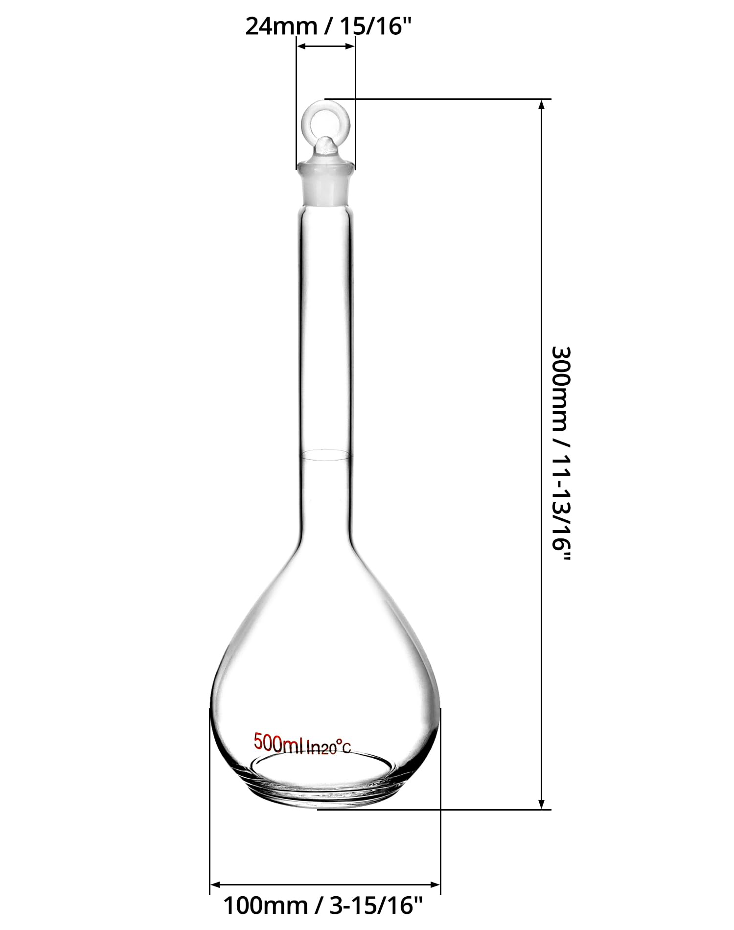 QWORK Frasco volumétrico de 500 ml con tapón de vidrio, vidrio de borosilicato alto 3.3, 2 unidades