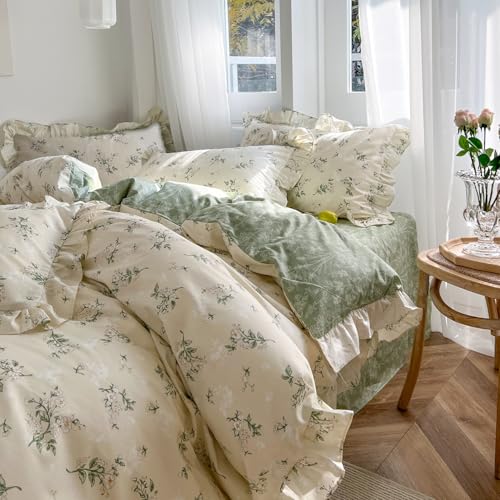 Image of MKXI Botanical Floral Duvet Cover Full Beige Girls Floral Ruffled Bedding Set Cottagecore Flower Comforter Cover Green Reversible Aesthetic Bed Set Cotton Elegant Style Students Duvet Cover