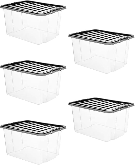 VTL® 5 X 30 LITRE BOX WITH BLACK LID PLASTIC BOX HOME SHOES CLOTHES (PACK OF 5)