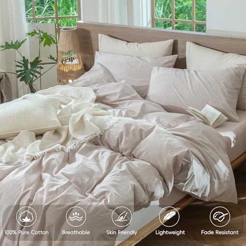 Image of MooMee Striped Duvet Cover Set 100% Washed Cotton Linen Like King | Relaxed Linen-like Texture. Soft, Breathable & Long-lasting Comfort. Lightweight. Hidden Zipper with 8 Interior Corner Ties