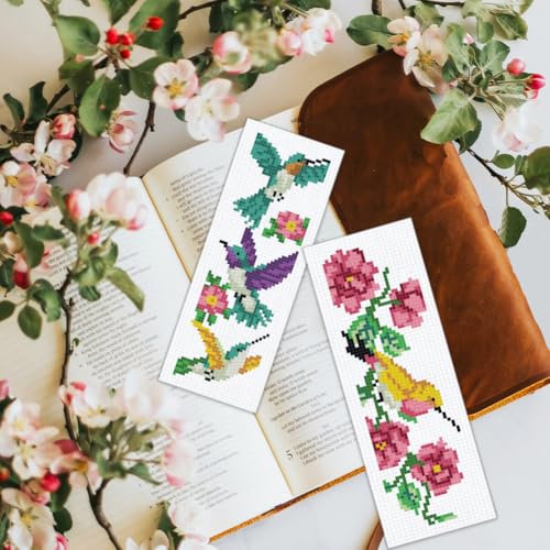 Image of BEUNITONE 6 Pcs Cross Stitch Bookmark Kit for Beginner Vintage Flower Hand Embroidery Kit with Instruction Hummingbird Stamped Embroidery Bookmarks Handmade for DIY Crafts Book Lovers 8.5''x3''