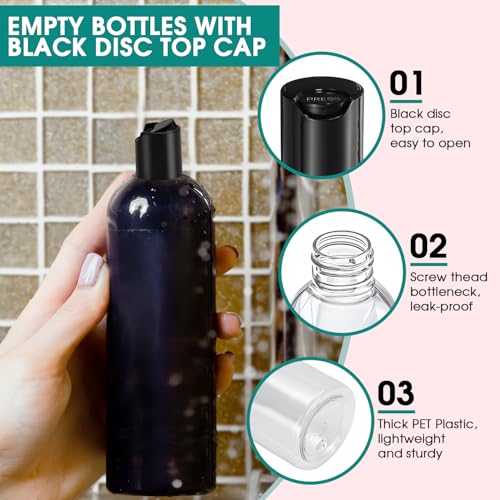 3Pcs 16 oz Clear Plastic Refillable Travel Shampoo and Conditioner Bottles with Black Disc Top Caps，Squeeze Empty Bottles Cosmetic Containers for Lotions, Body Soap Cream4