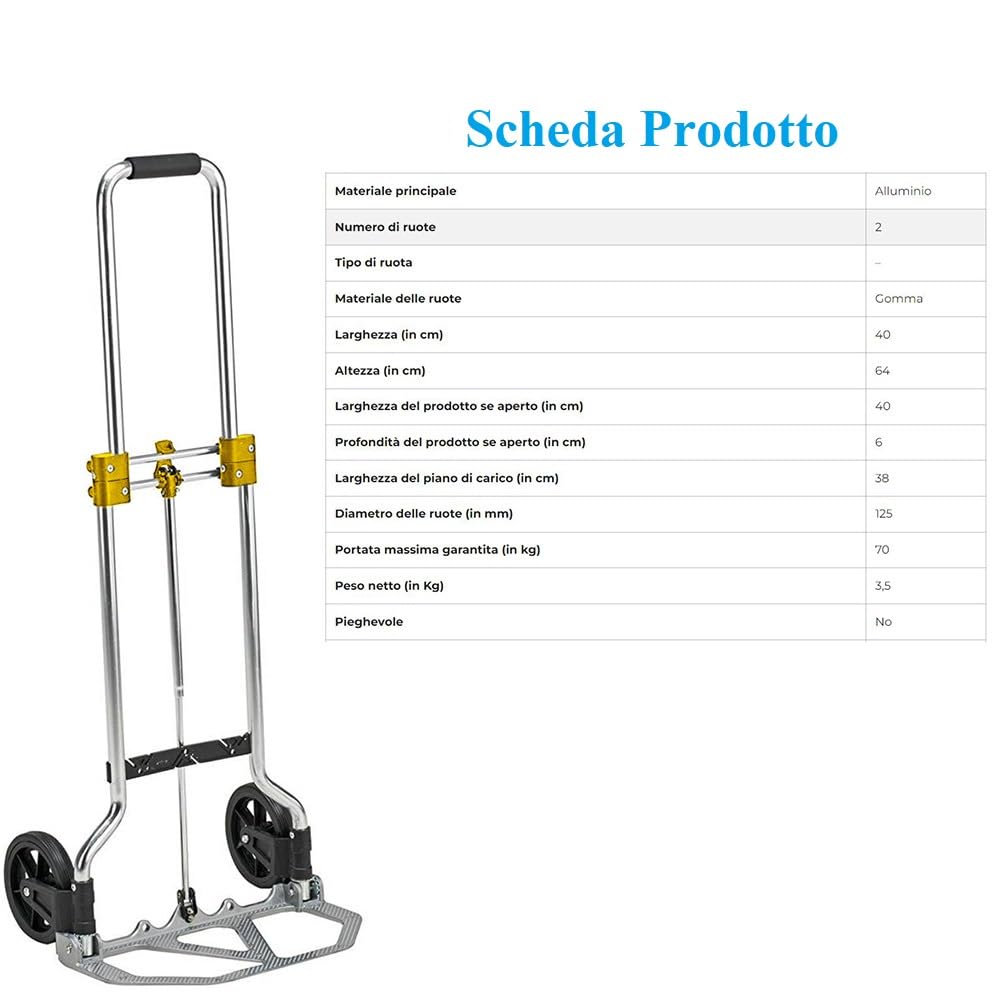 Paluplus Carrello Portapacchi Pieghevole Salvaspazio in ALLUMINIO con Portata 45 Kg, misura 38x34x96cm, Manico Telescopico e 2 Ruote in Gomma, Montacarichi Manuale per trasporto carichi pesanti -A125