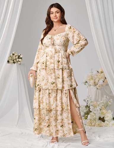 Image of EYWOL Womens Plus Size Floral Tiered Ruffle Long Sleeve Evening Party Wedding Guest Dress
