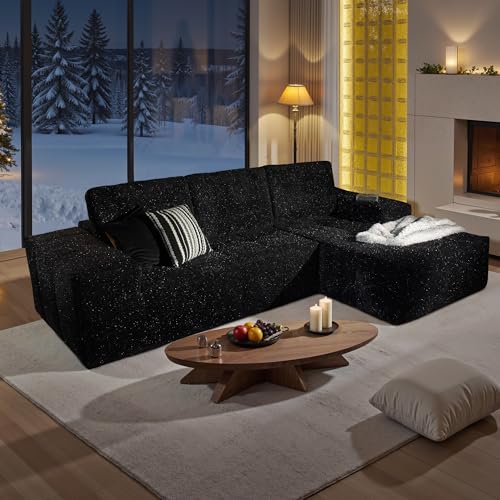 Image of 114 inch Glitter Cloud Sectional Couch with L-Shape Chaise, Modern Boneless Couches for Living Room, Fluffy Tufted Deep Seat Modular Sofa in a Box No Assembly