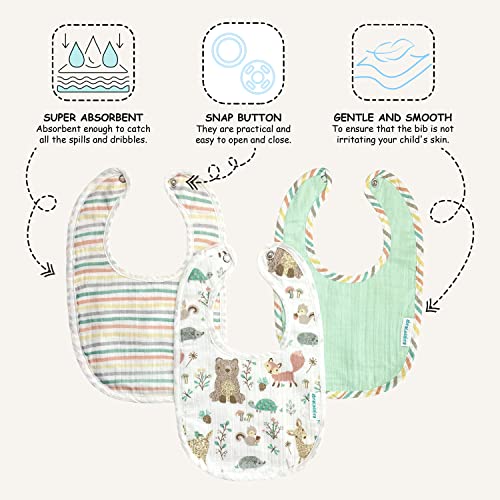 Image of abracadabra Muslin Bibs with Adjustable Snap Button Closure, Super Absorbent, Soft, Comfortable & Lightweight, Set of 3 - Bambi & Friends