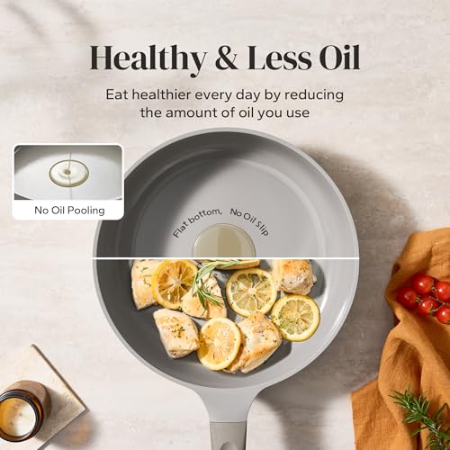 Image of Redchef Deep Ceramic Frying Pan with Lid, Nonstick Saute Pan Cookware All Cooktop Compatibility, Stay-Cool Handles, PFOA Free, Healthy Coating, Tempered Glass Cover, Even Heat, Grey (3.7Qt, 10 inch)