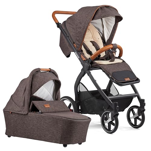 Gesslein Kinderwagen FX4 Swing mit Babywanne Panorama Lyx (Kinderwagen 3 in 1 mit Liege- und Sitzoption, inkl. Sportwagenaufsatz, individuell einstellbar, hoher Komfort, geringes Packmaß), Braun