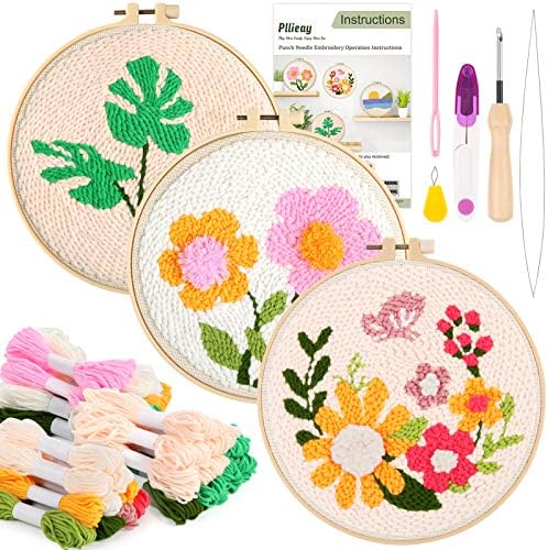 Pllieay 3 Set Punch Needle Embroidery Starter Kits Include Instruction