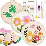 Pllieay 3 Set Punch Needle Embroidery Starter Kits Include Instruction, Punch Needle Fabric with Pattern...