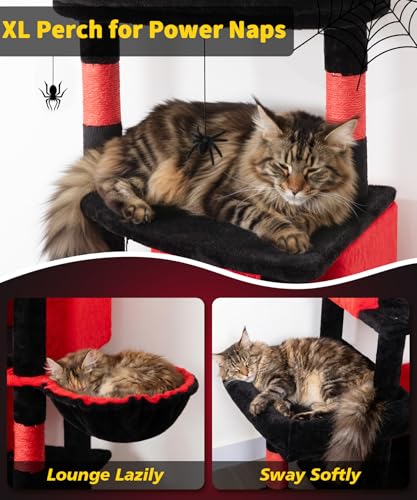 Image of 74 Inch Heavy Duty Gothic Cat Tree for Large Cats, Multi-Cat Tower with 3 Condos, Tall Cat Condo with XL Platform, Hanging Basket & Sisal Scratching Posts, PMT04RD, Black Red