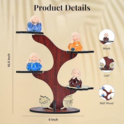 Image of HindCraft Decorative Buddha Monk Figurines Set of 4 with Tree and Wooden Base | Baby Monks for Meditation & Calm Home Decor