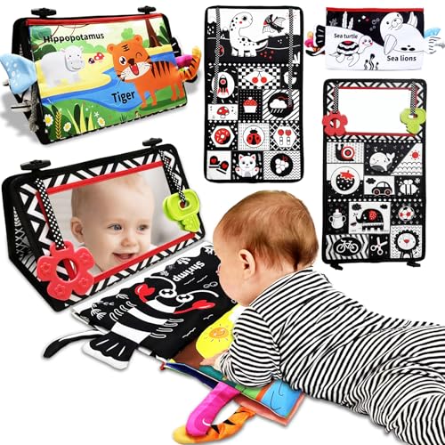 Tummy Time Mirror Newborn Toys: Black and White Infant Tummy Time Toys 0-3 0-6 6-12 Months Babies High Contrast Baby Toy with Baby Book & Teethers Montessori Sensory Floor Toy for Boy Girl Baby Gifts