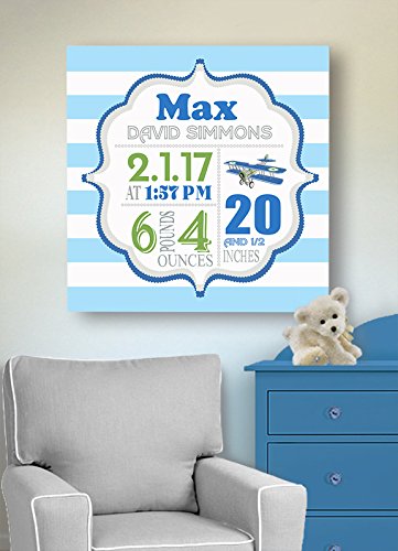 Personalized Stretched Canvas Birth Announcement Gift, Custom Baby Name, Date, Weight Stats, Newborn Airplane Nursery Wall Art Decor, Wooden Frame Construction, Ready to Hang 16X16