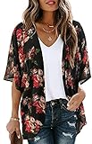 Women's Floral Print Puff Sleeve Kimono Cardigan Loose Cover Up Casual Blouse Tops(BLACK M)