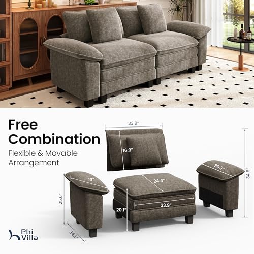 Image of PHI VILLA Indoor Modular Couches Sets, 87.5 inch Sectional Loveseat Sofa with Upholstered Deep Seat, 2-Seater Comfy Couches for Living Room Bedroom, Chenille Fabric, Smoky Grey