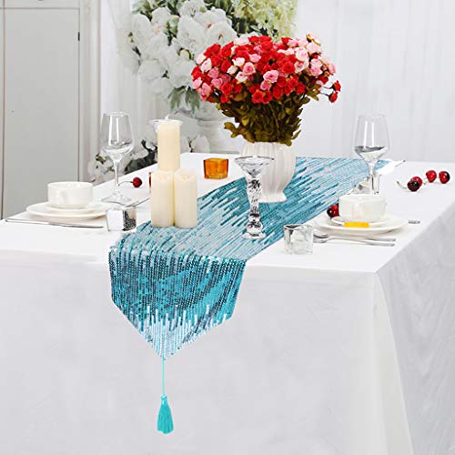 JuyaDelight 12x108 inch Teal and Silver Line Stripe Sequin Table Runner, Luxury Sparkle Table Runner for Banquet Party Dessert Table Decoration