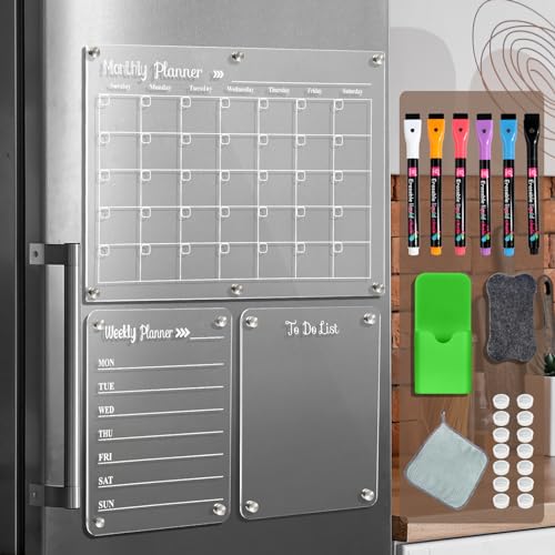 LCPCX Acrylic Magnetic Dry Erase Board for Fridge?Set of 3 Transparent Planning Boards for Monthly Calendar, Weekly Includes 6 Dry Erase Markers, 1 Eraser and Magnetic Pen Holder