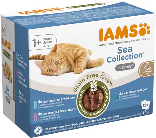 IAMS Delights Sea Collection Katzenfutter Nass Getreidefrei - Multipack mit Fisch Sorten in Sauce, getreidefreies Nassfutter für Katzen ab 1 Jahr, 12 x 85g