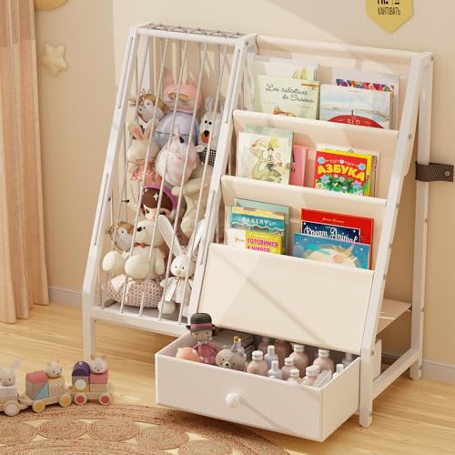 PreTidy Kids Bookshelf Stuffed Animal Toy Storage Organizer - Book Shelf for Kids Room, White Nursery Bookshelves for Toddler Baby Bedroom Playroom, Small Montessori Bookcase