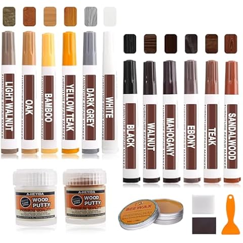 Furniture Touch Up Markers, 18 PCS Wood Flooring Scratch Repair Kit with Wood Putty Filler and Beeswax, Hardwood Floor Furniture Repair Kit for Repair Stains, Scratches, Floors, Tables, Cabinets Cover