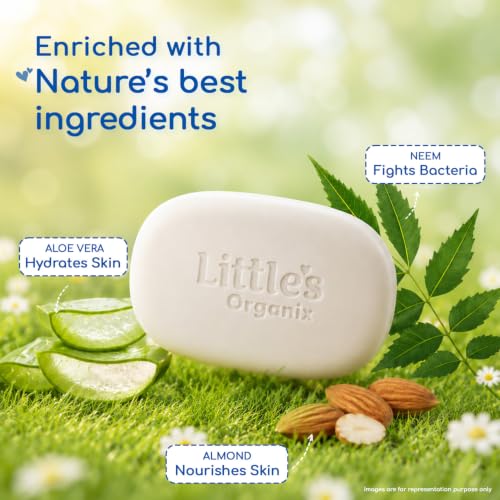 Image of Little's Organix Gentle Moisturizing Baby Soap 75g x Pack of 5 | With AloeVera & Neem | No Sulfate, Paraben & Alcohol | Clinically Tested Safe | Hypoallergenic | Removes 99.9% Germs