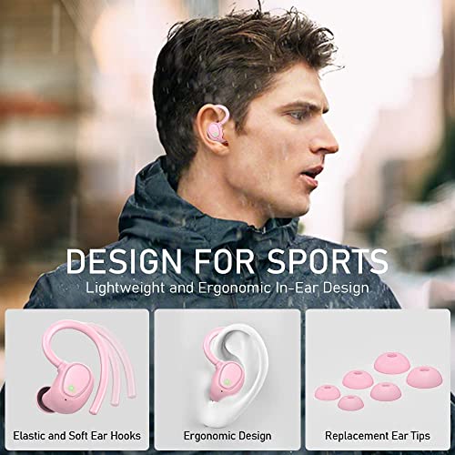 Image of Wireless Earbuds Bluetooth 5.3 Headphones With Dual Mic, Noise Cancelling In-Ear Earphones, Sport Earhook IP7 Waterproof, 48H Stereo Headset, USB-C (Pink)