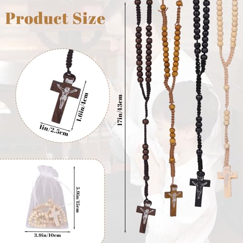 60 Pack Rosarios Catolicos Necklace, Wooden Rosary Beads Necklace with rganza Bags, Rosarios in Bulk Carved Cross Gift Set for First Communion Baptism, Rosary Beads Catholic for Men Women2