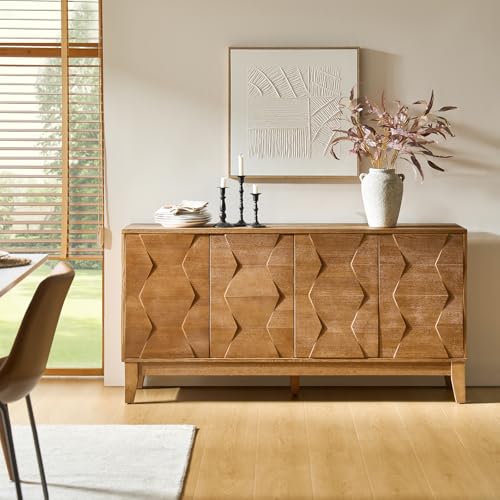 HULALA HOME Mid Century Sideboard Buffet Cabinet with Solid Wood Legs, 60' Kitchen Storage Cabinet Credenza with 4 Doors and 2 Shelves, Accent Console Table (Seadrift)
