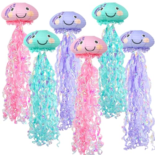 Image of Jelly Fish Paper Lanterns Set, 6Pcs Jellyfish Hanging Lantern for Mermaid Under The Sea Ocean Birthday Party Decorations Baby Shower Room Decor(6Pcs)