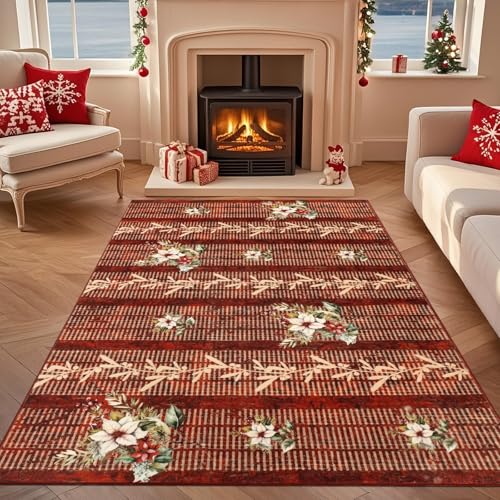 Geanup Weihnachtsteppich Groß 120x180cm, Rot Blume Waschbar Weihnachten Teppich für Wohnzimmer rutschfest, Kurzflor Weihnachten Teppiche für Schlafzimmer Küche Esszimmer Kinderzimmer Flur Büro