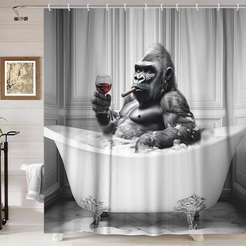 Image of Funny Monkey Shower Curtain, 70x70IN, Grey, Polyester, Waterproof, Modern Style, Boys Men Masculine Bathroom Decoration