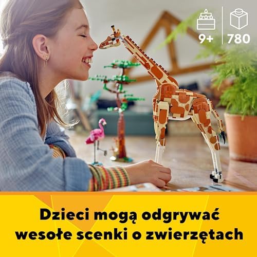 LEGO Creator 3w1 Dzikie zwierzęta safari, żyrafa do przebudowania na gazele lub lwa, zabawka z klocków dla dzieci od 9 lat, dziewczynki i chłopca, z flamingiem i motylem, prezent przyrodniczy, 31150